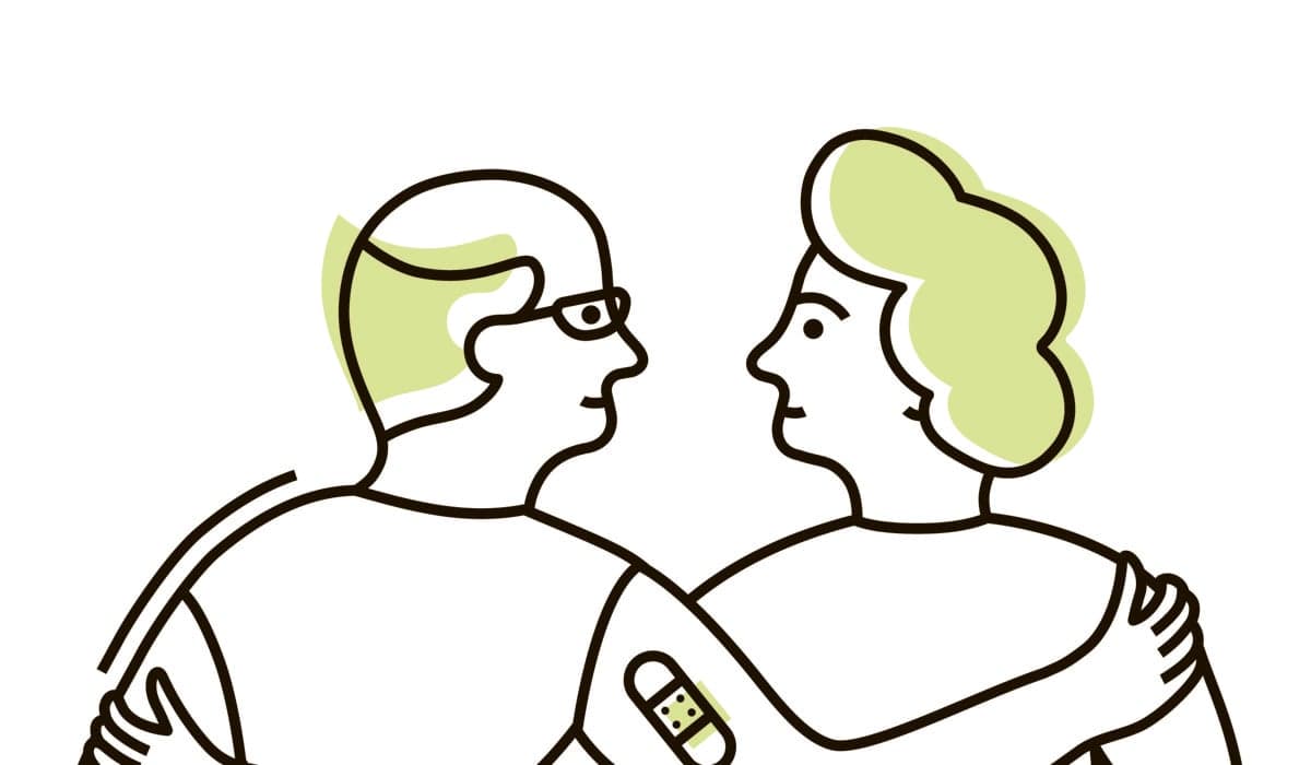 En illustration som visar en man och en kvinna som håller armarna om varandra. Båda har plåster på sina överarmar.