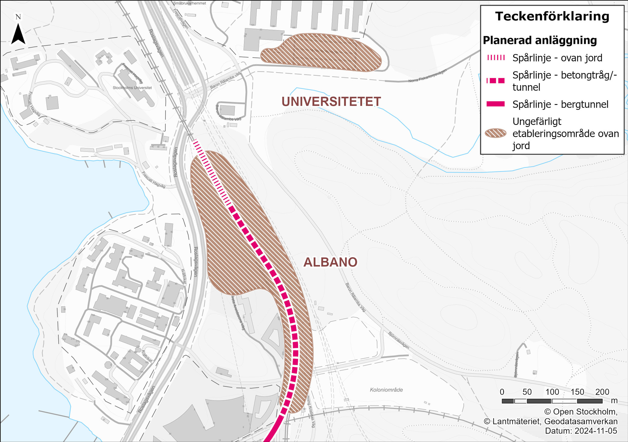 Karta som visar tänkt tunnelpåslag för Roslagsbanan till city