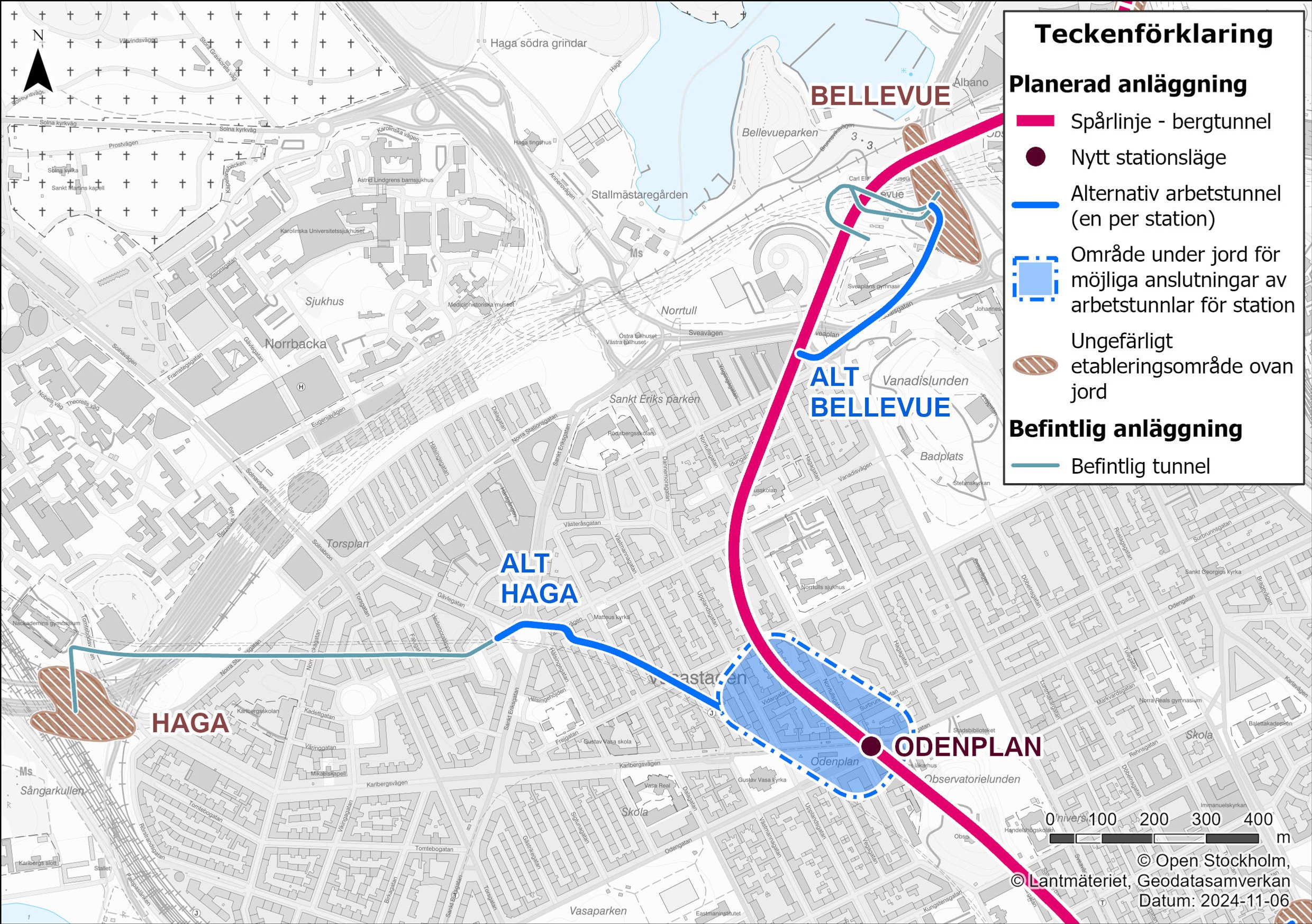 Karta som visar arbetstunnlar och etableringsområden vid Odenplan