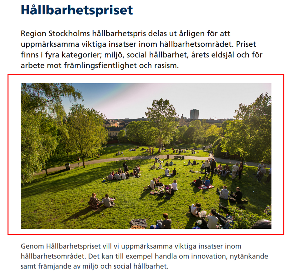 Skärmdump som visar var en textbild hamnar på regionstockholm.se