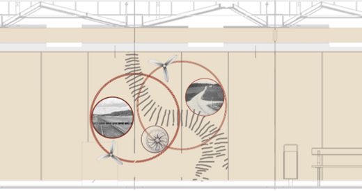 Detalj från Omni orbit, skiss 2024 (visande bl.a. Västeråsbanan, Enskedevägen och höjdstreck från Barkaby flygplats).