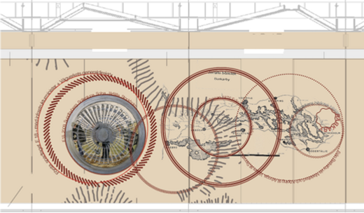 Detalj från Omni orbit, skiss 2024 (där bl.a. en översiktskarta från Järfälla bibliotek och ett spadtag vid E18 – skymtar i bild o text).