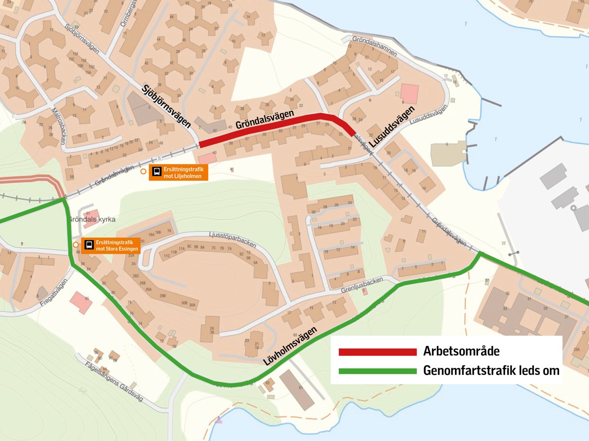Karta med trafikomledning och ersättningstrafikens hållplatser vid spårbyte i Gröndal 