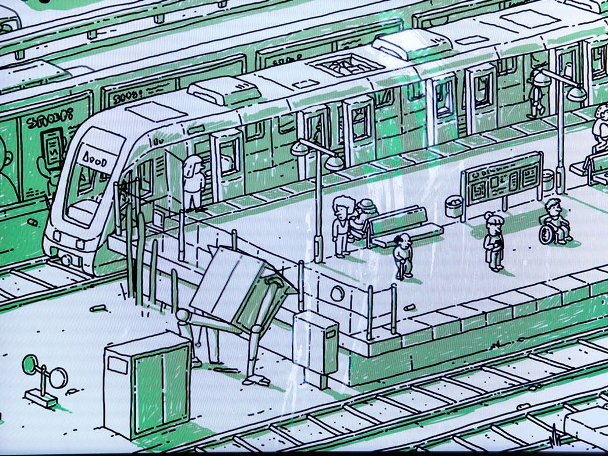 Filmruta av Vidars film. Stiliserad bild av ett tunnelbanetåg och små människor på plattformen,