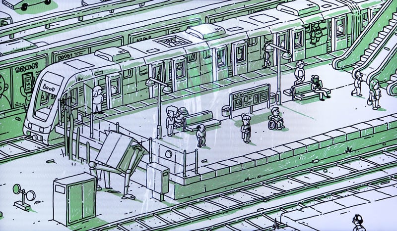 Filmruta av Vidars film. Stiliserad bild av ett tunnelbanetåg och små människor på plattformen.