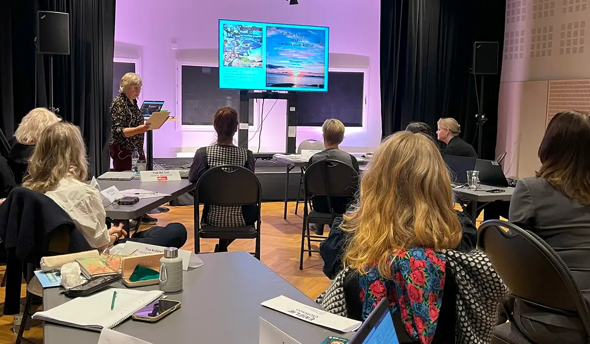 Birgitta visar presentation på stor skärm framför konferensdeltagare.