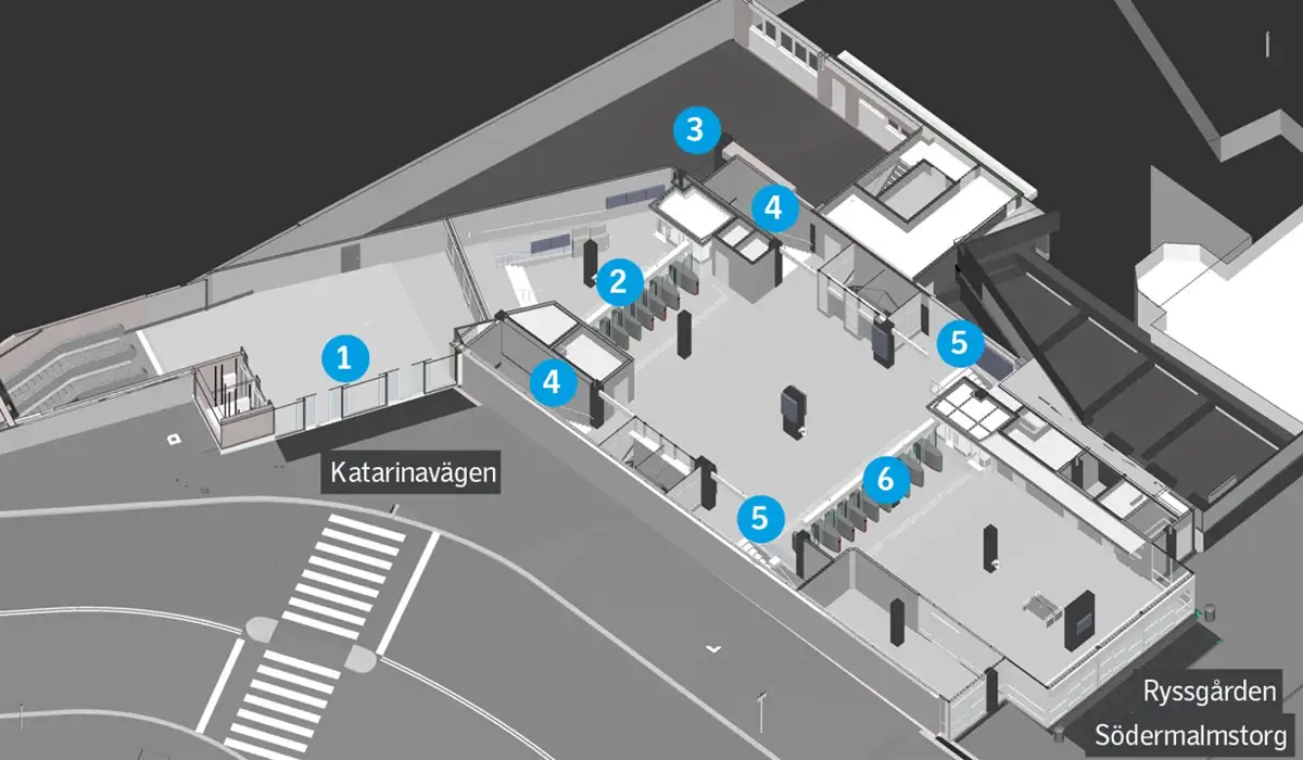 Illustration över Slussens nya biljetthall.