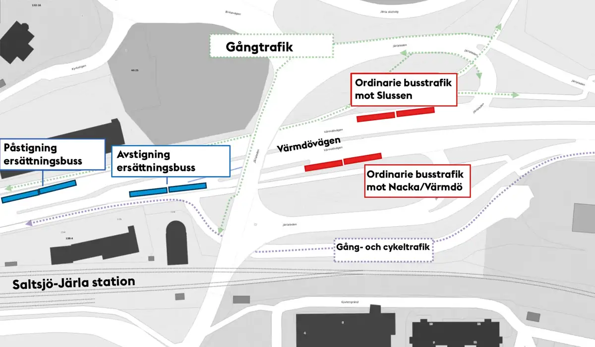 karta med busshållplatser i Saltsjö-Järla