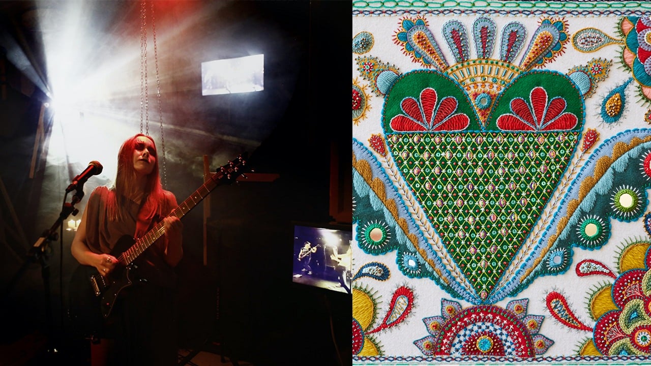 Collage med två bilder. Till vänster hårdrockssminkad kvinna på scen med elgitarr. Till höger: Närbild på broderi i klara färger mot vit botten.