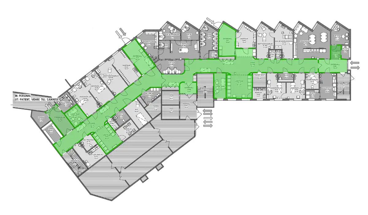 Planritning över akutmottagningen med grön markering utmed korridor.