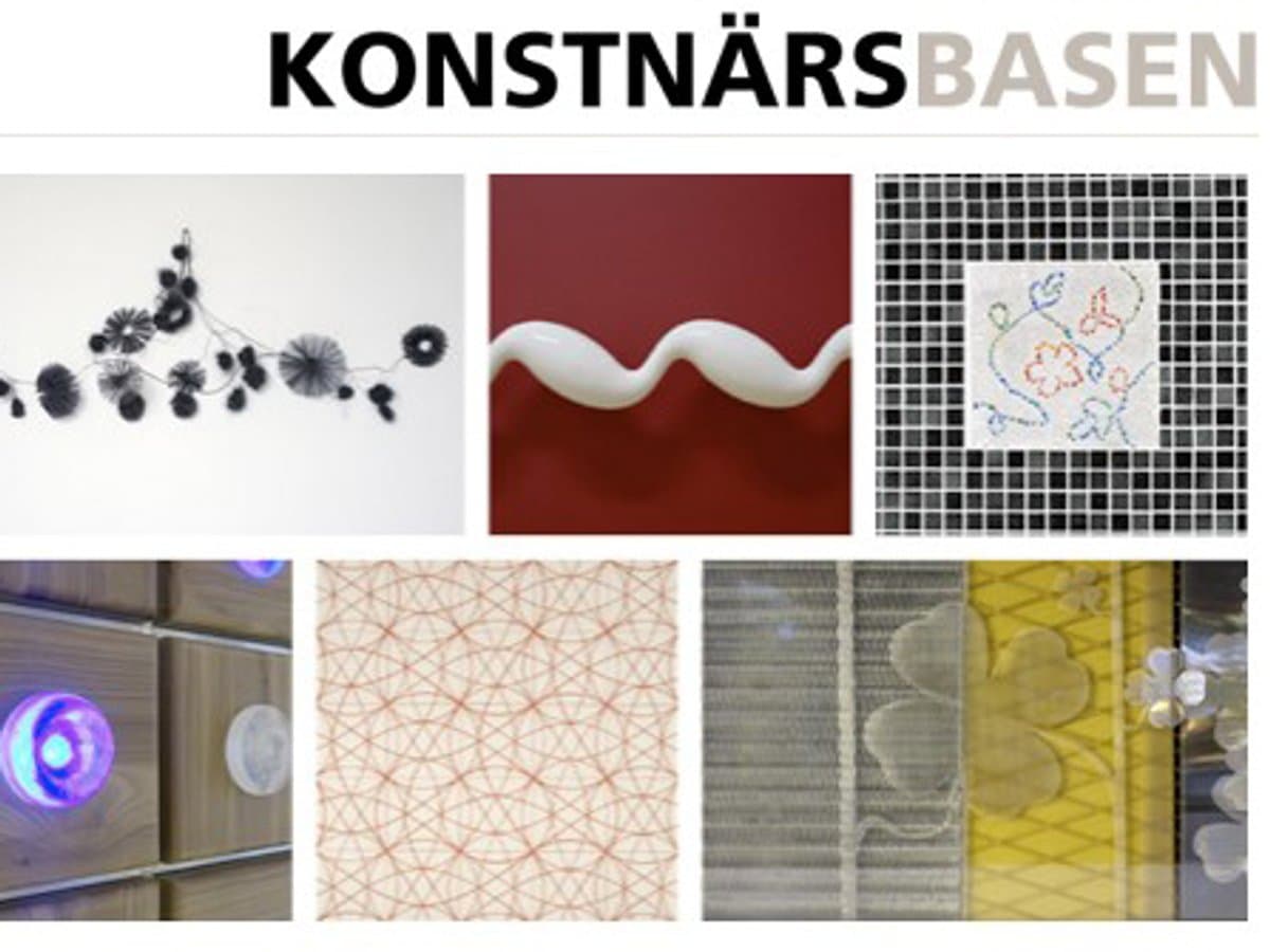 Skärmbild av förstasidan av Konstnärsbasen.Två rader med små bilder av konst under texten i versalt: Konstnnärsbasen.