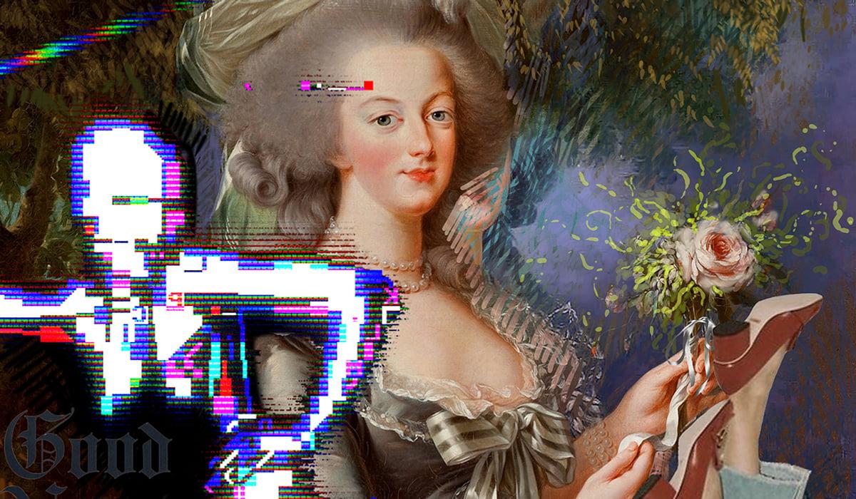 Detalj av digitalt kollage med en robotliknande figur över en 1600-talskvinna med en ros i handen och hög frisyr.