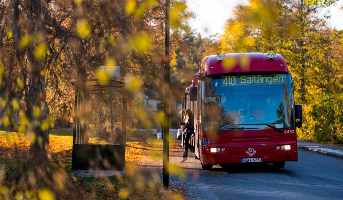 Resenärer väntar på buss i höstskrud