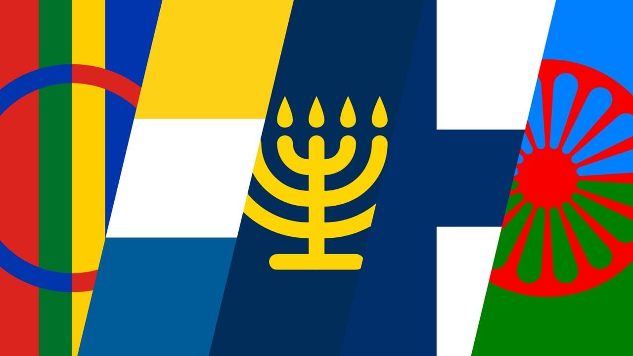 Samtliga flaggor som representerar de fem nationella minoriteterna