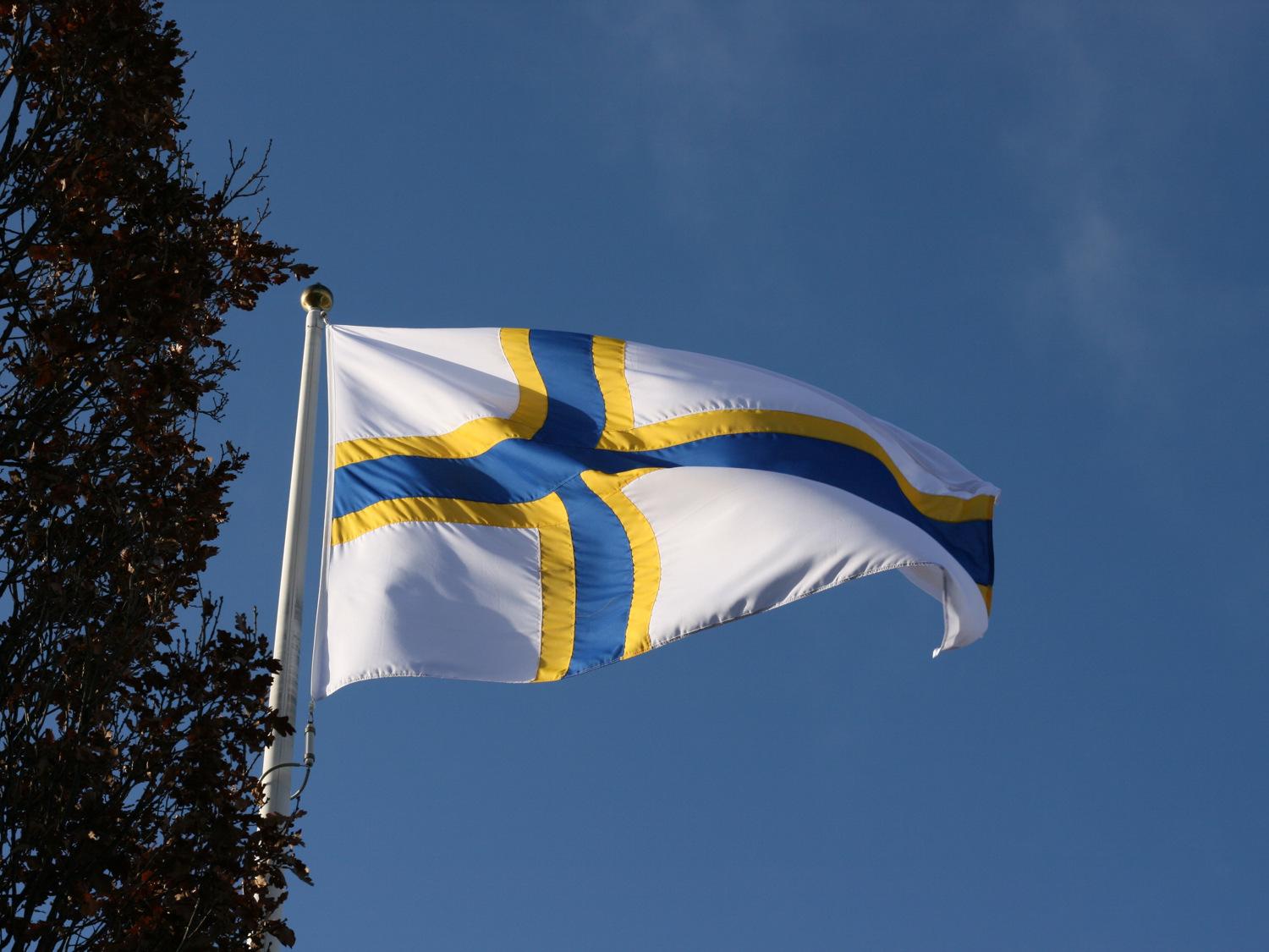 Den sverigefinska flaggan vajrar mot en himmelblå bakgrund. Svenskfinska flaggan består av vita, gula och blåa färger.