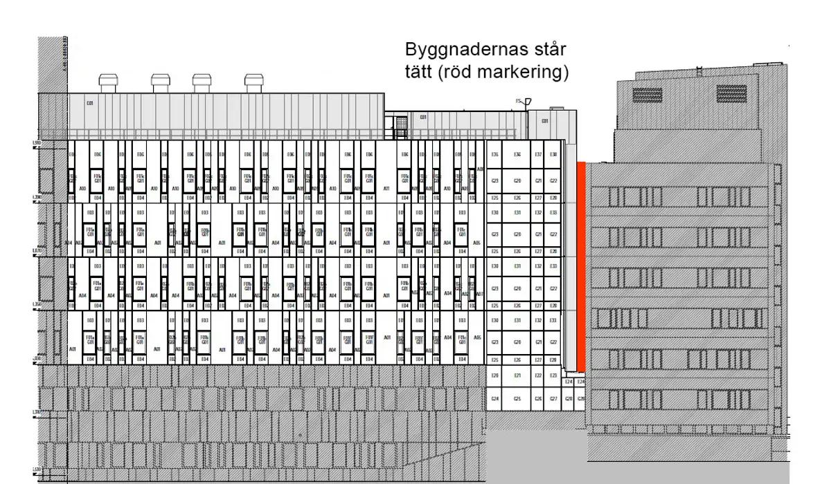 Svart-vit ritning av byggnader vid Södertälje sjukhus.