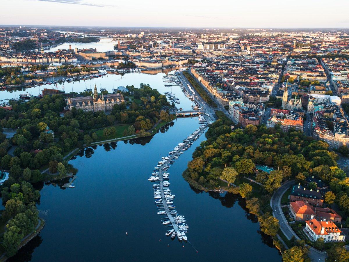 Flygfoto över centrala Stockholm.