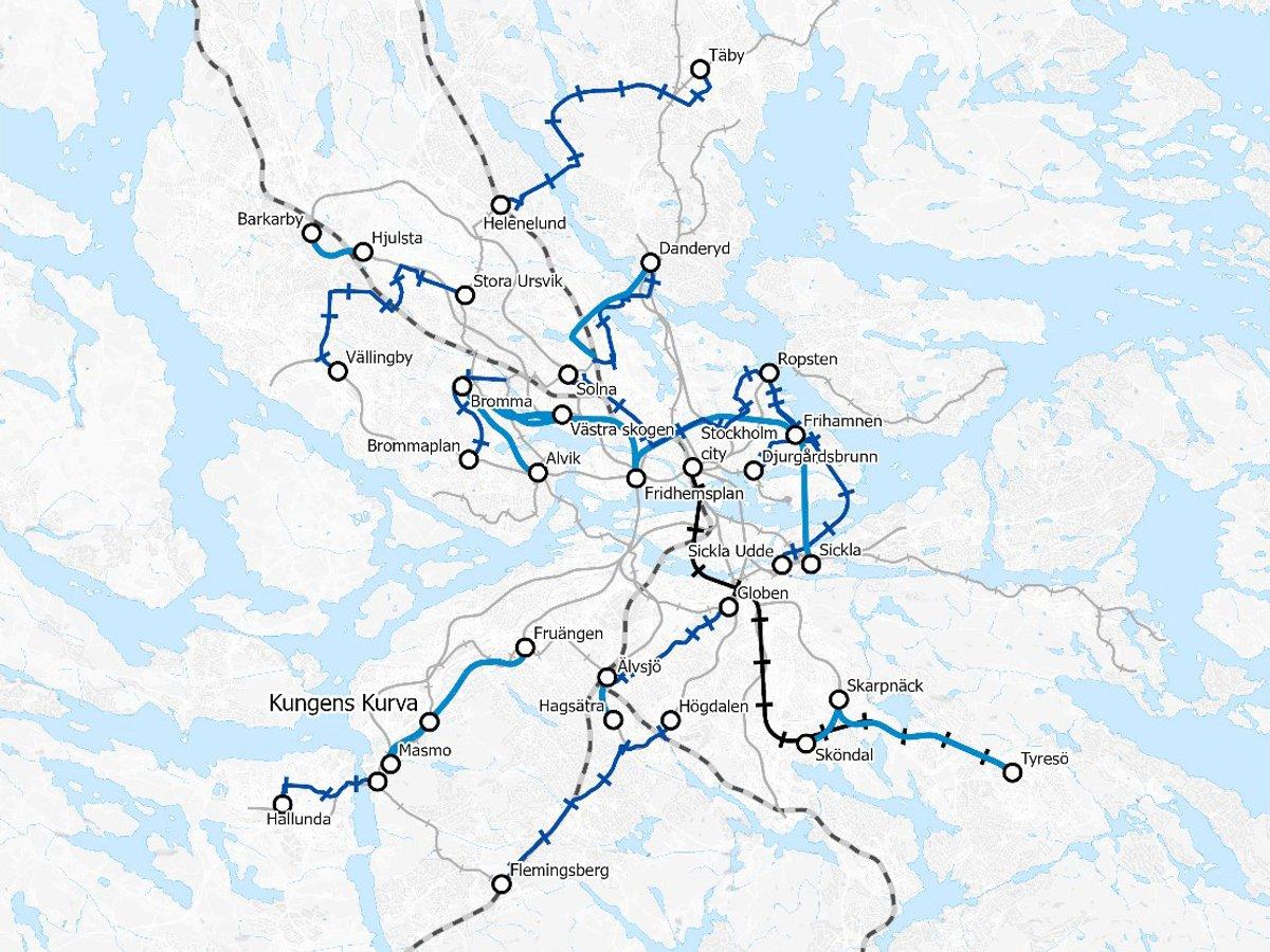 Karta över de 20 presenterade sträckorna i utredningen. 