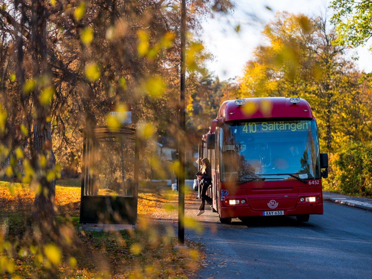 Resenärer väntar på buss i höstskrud