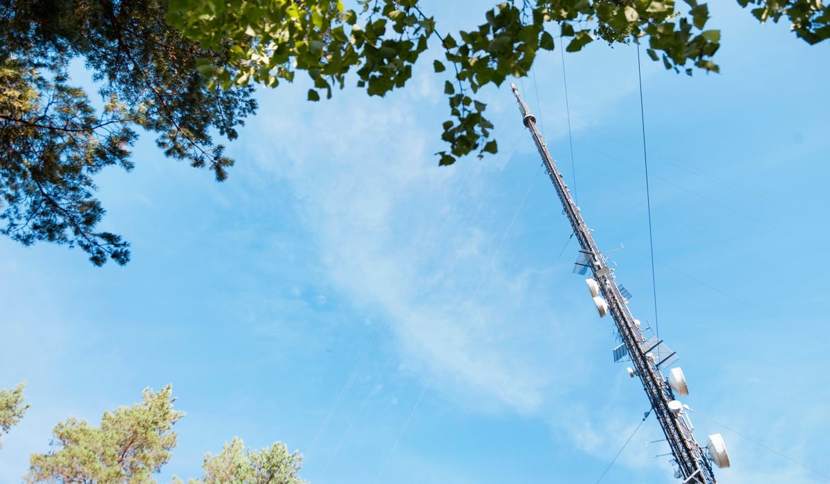 Mobilmast ses högt upp mot en blå himmel
