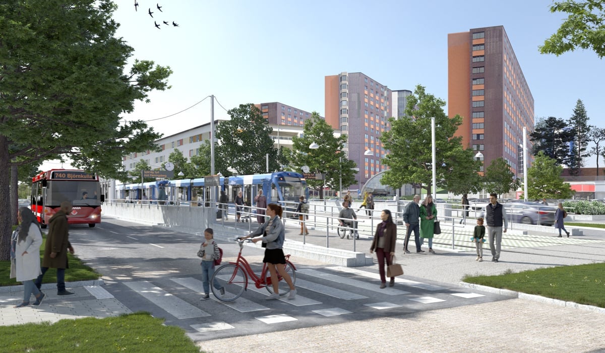 En visionsbild på en spårvägslinje i en urban miljö.